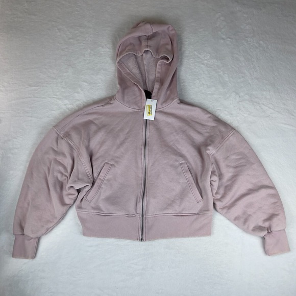 Wild Fable Cropped Hoodie Women's Medium Pink Fleece Lined Ribbed Hem Zip-Up - Picture 1 of 4